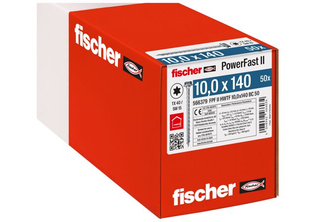 Verpackung: "fischer Holzbauschraube PowerFast FPF II HWTF 10,0 x 140 BC 50, Sechskantkopf, TX / Sechskant Antrieb, Vollgewinde, blau passiviert, galvanisch verzinkt, 50 Stück"