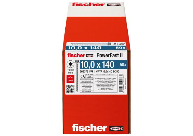 Verpackung: "fischer Holzbauschraube PowerFast FPF II HWTF 10,0 x 140 BC 50, Sechskantkopf, TX / Sechskant Antrieb, Vollgewinde, blau passiviert, galvanisch verzinkt, 50 Stück"