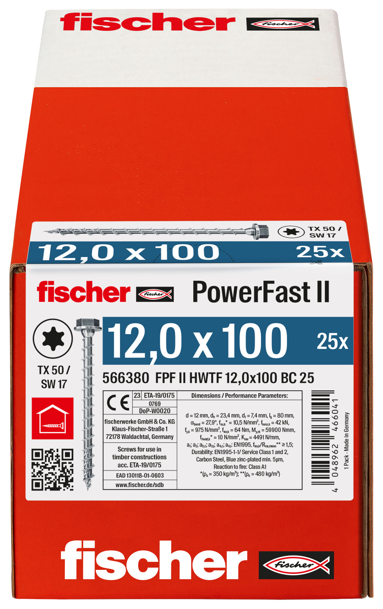 Packaging: "fischer PowerFast FPF II HWTF 12.0 x 100 BC 25 hexagonal head TX star recess full thread blue zinc plated"