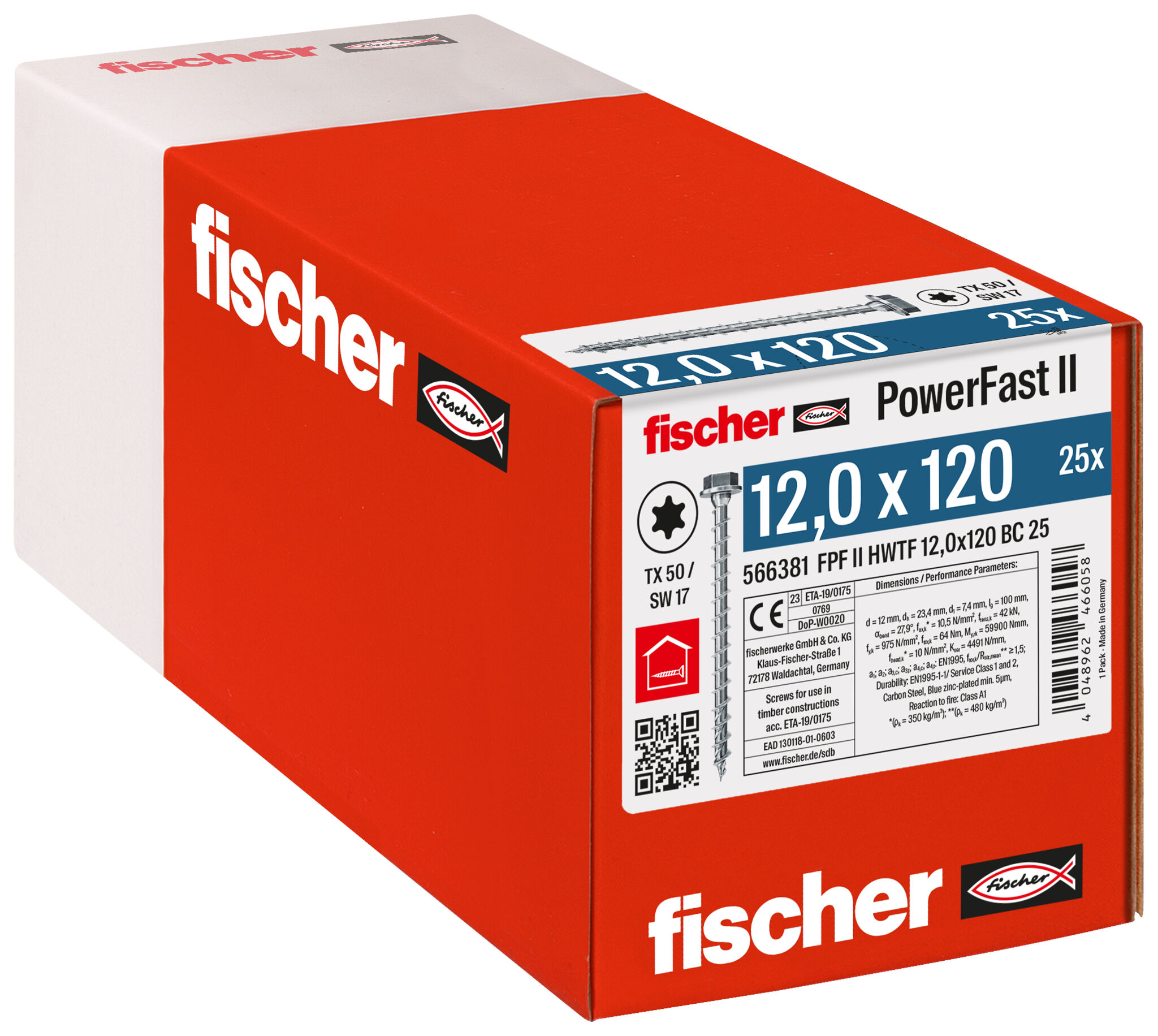 Verpackung: "fischer PowerFast FPF II HWTF 12,0 x 120 BC 25 Sechskantkopf mit Innenstern TX Vollgewinde galvanisch verzinkt blau passiviert"