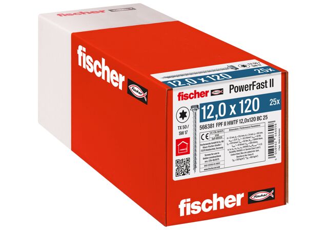 Verpackung: "fischer PowerFast FPF II HWTF 12,0 x 120 BC 25 Sechskantkopf mit Innenstern TX Vollgewinde galvanisch verzinkt blau passiviert"