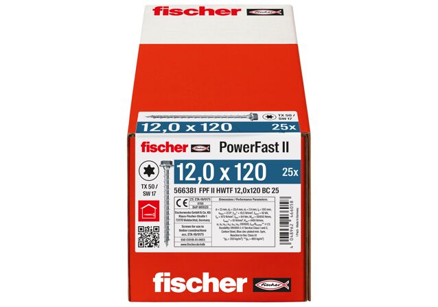 Verpackung: "fischer PowerFast FPF II HWTF 12,0 x 120 BC 25 Sechskantkopf mit Innenstern TX Vollgewinde galvanisch verzinkt blau passiviert"