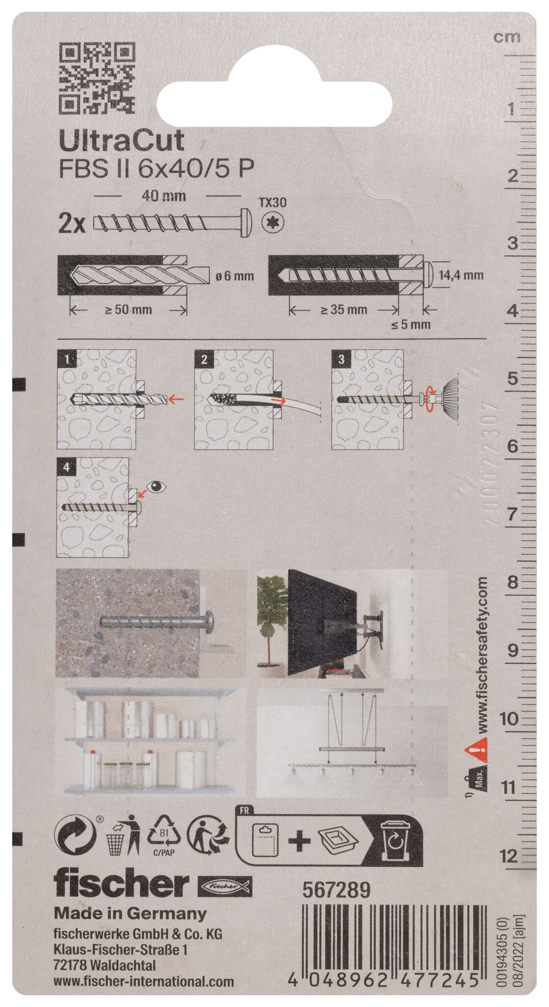 Packaging: "fischer concrete screw UltraCut FBS II 6 x 40/5 P pan head"