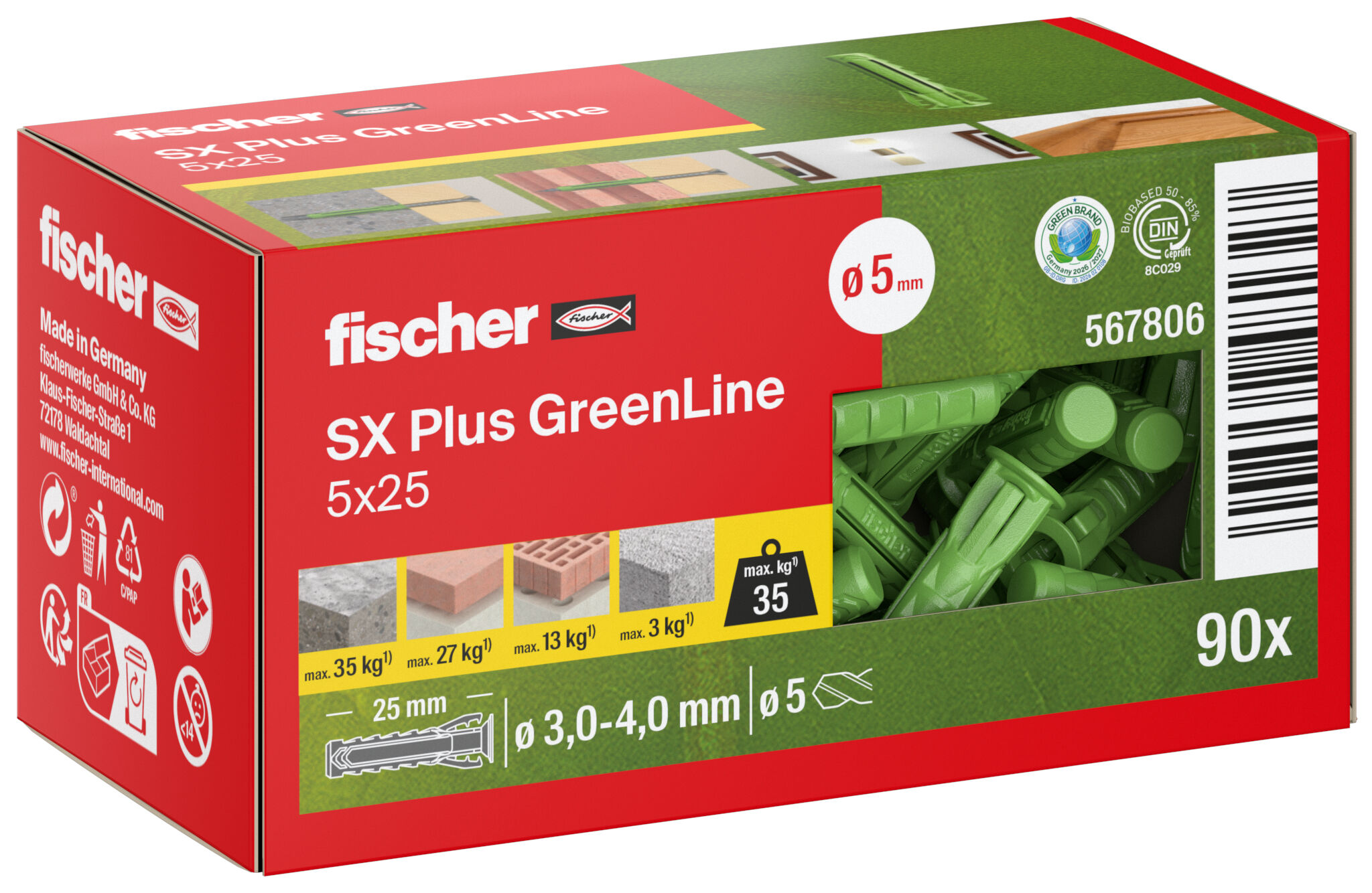 Verpackung: "fischer Spreizdübel SX Plus GreenLine 5 x 25"