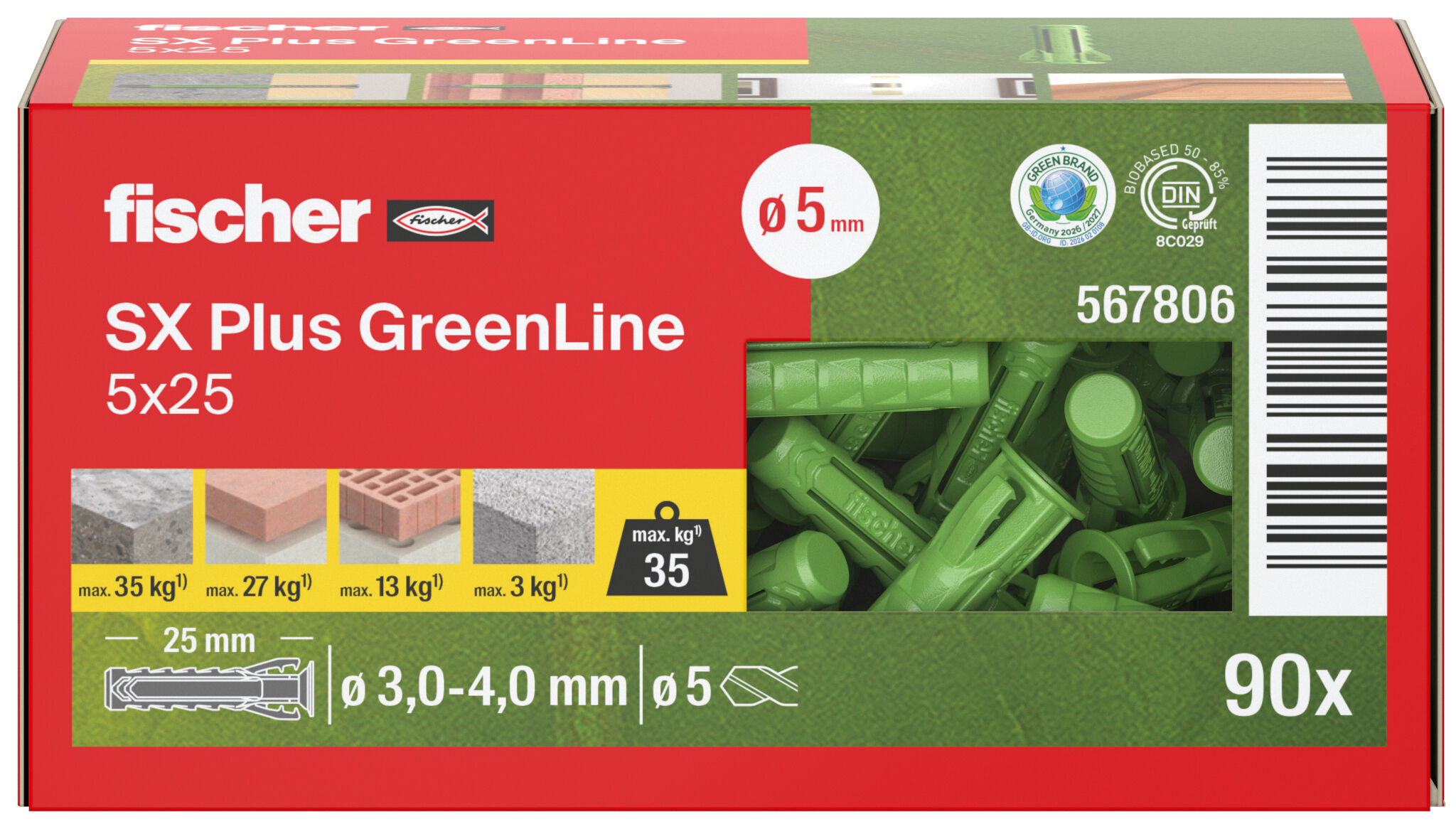 Verpackung: "fischer Spreizdübel SX Plus GreenLine 5 x 25"