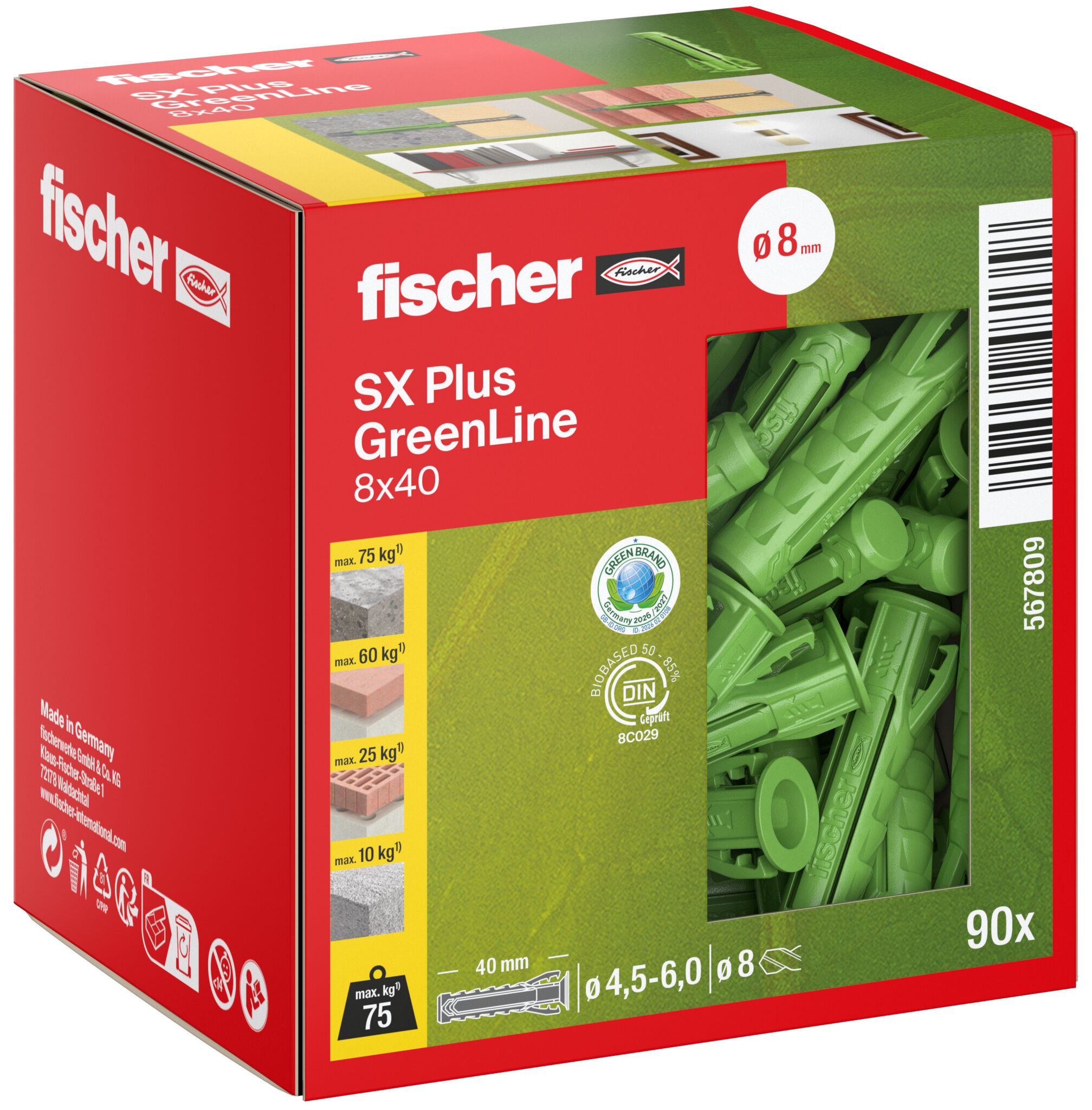 Verpackung: "fischer Spreizdübel SX Plus GreenLine 8 x 40"