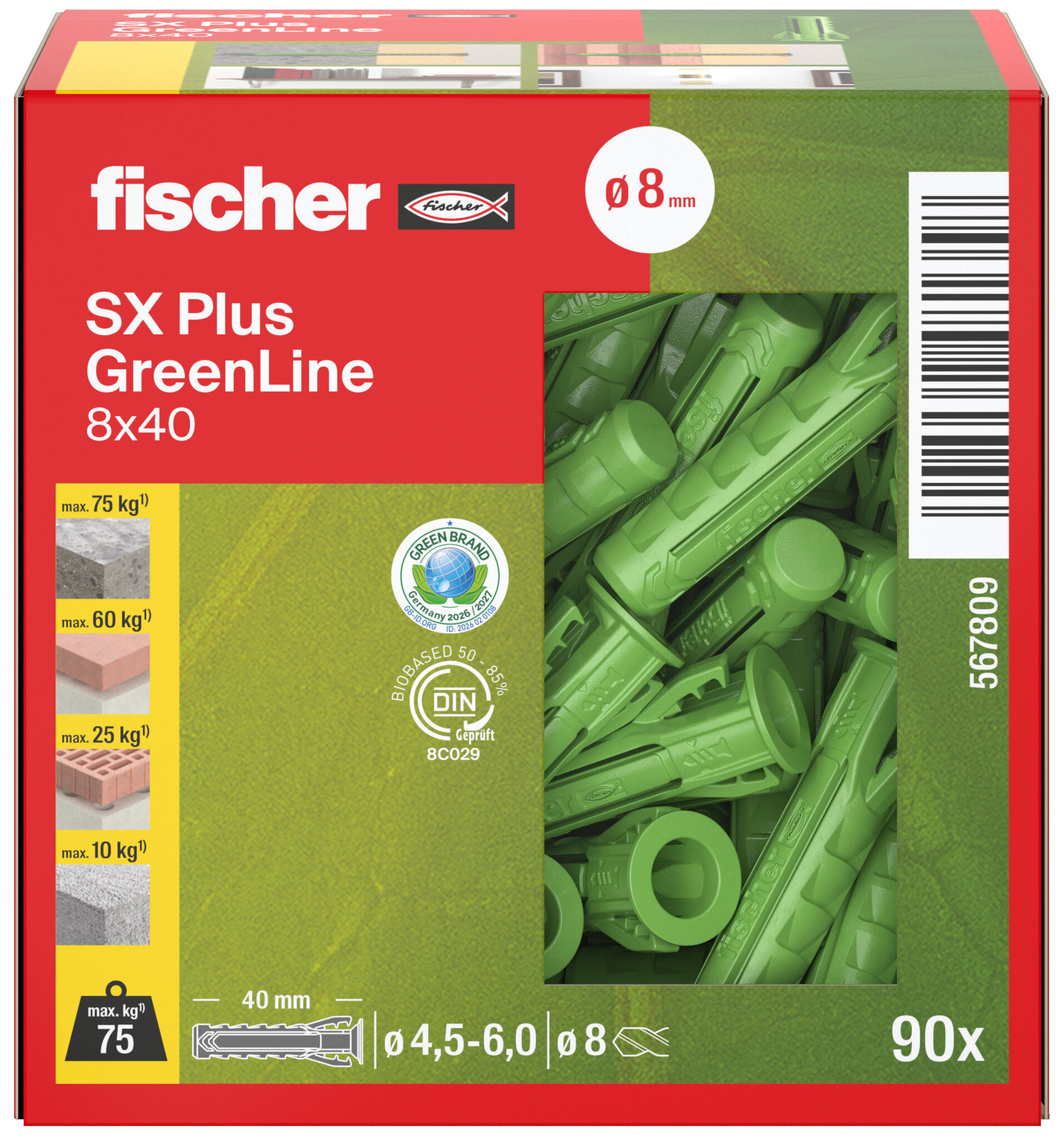 Verpackung: "fischer Spreizdübel SX Plus GreenLine 8 x 40"