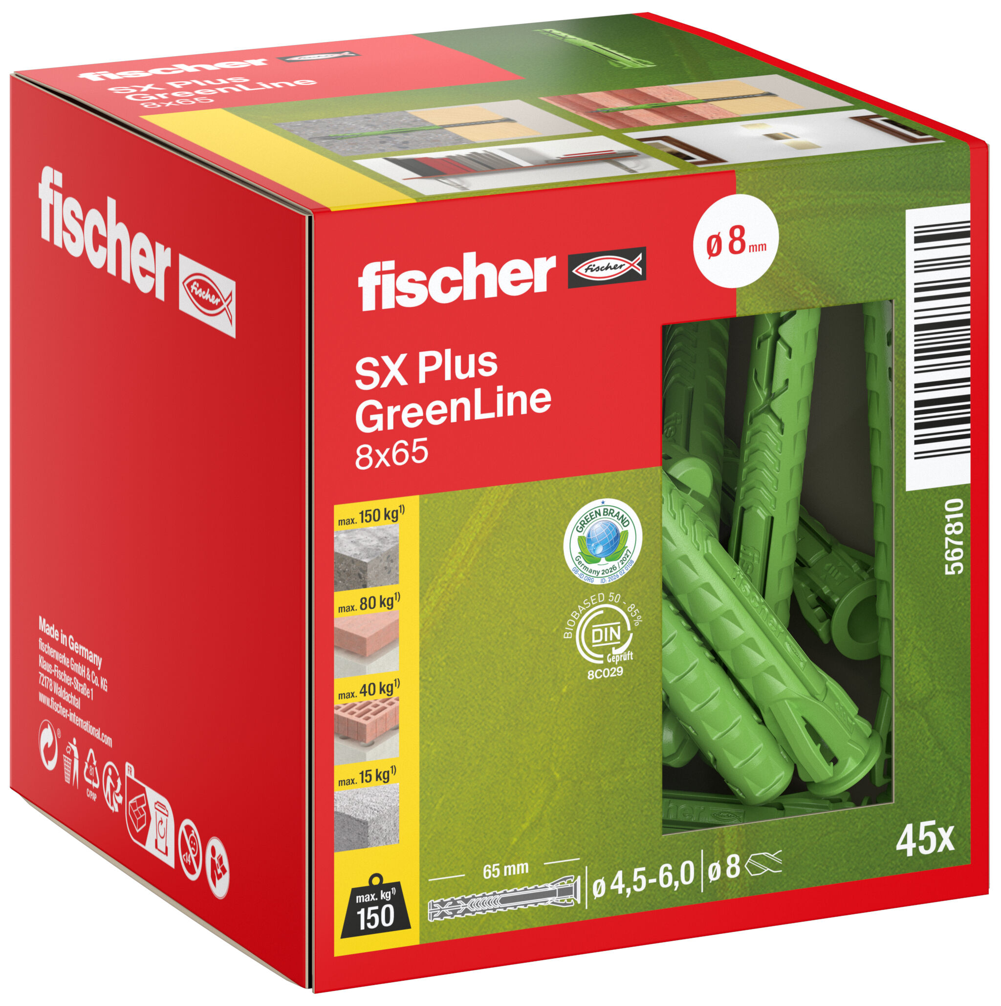 Verpackung: "fischer Spreizdübel SX Plus GreenLine 8 x 65"