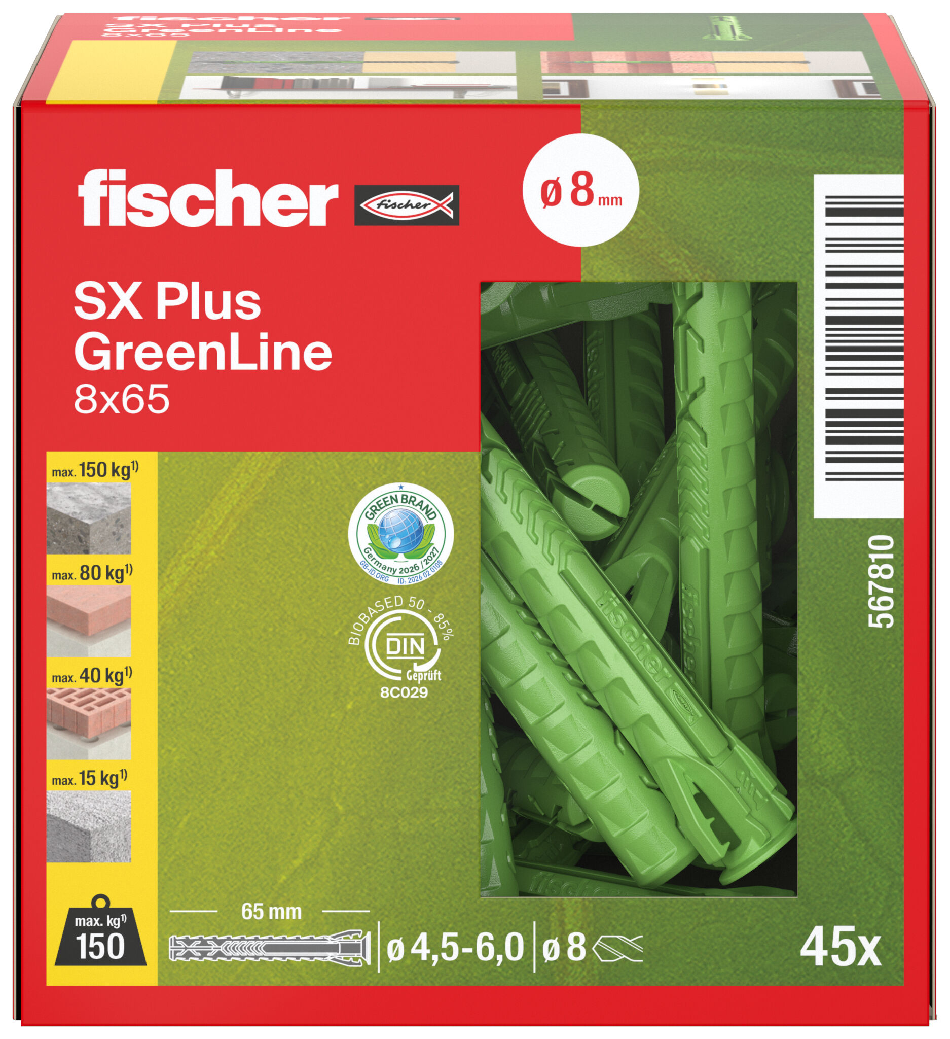 Verpackung: "fischer Spreizdübel SX Plus GreenLine 8 x 65"