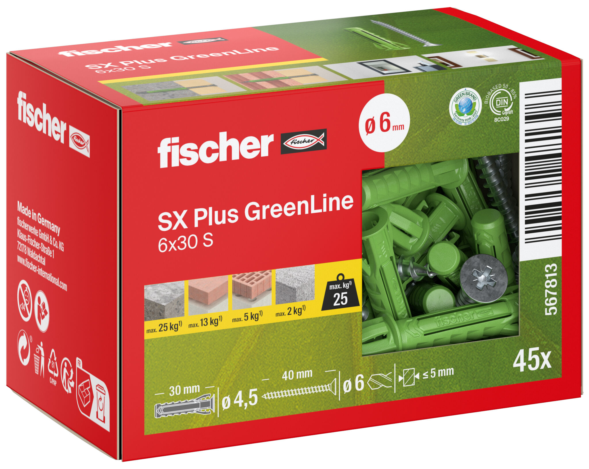Packaging: "fischer dübel SX Plus Green 6 x 30 S csavarral"