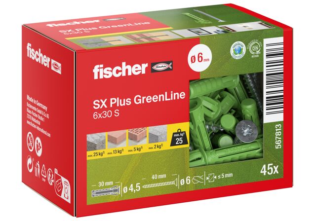 Packaging: "fischer Ekspansionsplug SX Plus GreenLine 6 x 30 S med skrue"