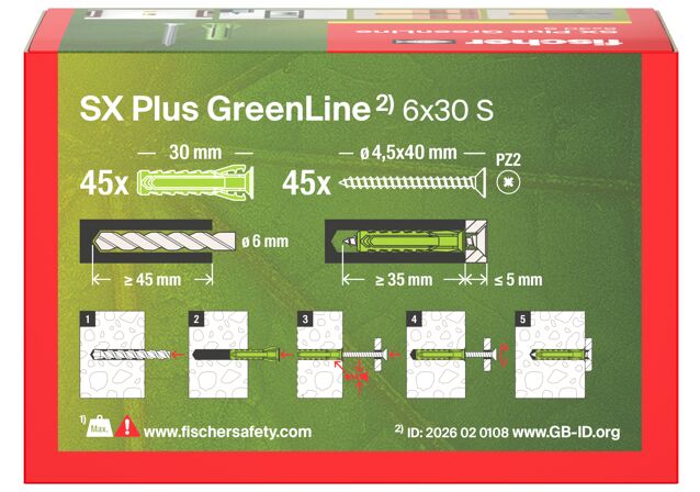 Packaging: "fischer Ekspansionsplug SX Plus GreenLine 6 x 30 S med skrue"