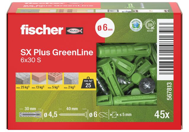 Packaging: "fischer Ekspansionsplug SX Plus GreenLine 6 x 30 S med skrue"