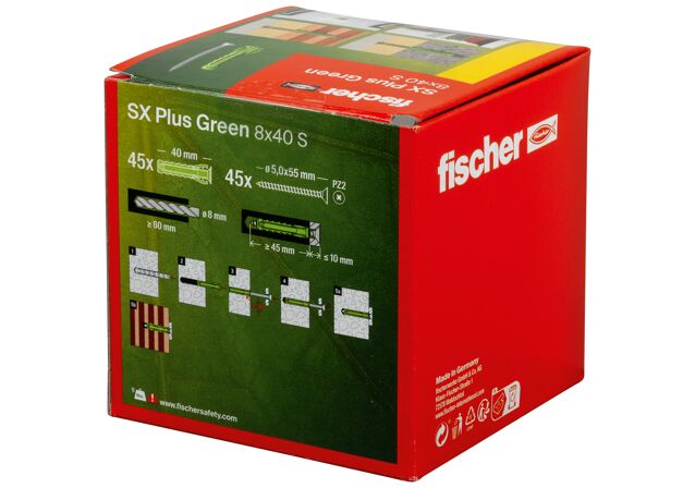 Packaging: "fischer Expansionsplugg SX Plus Green 8 x 40 S with screw"