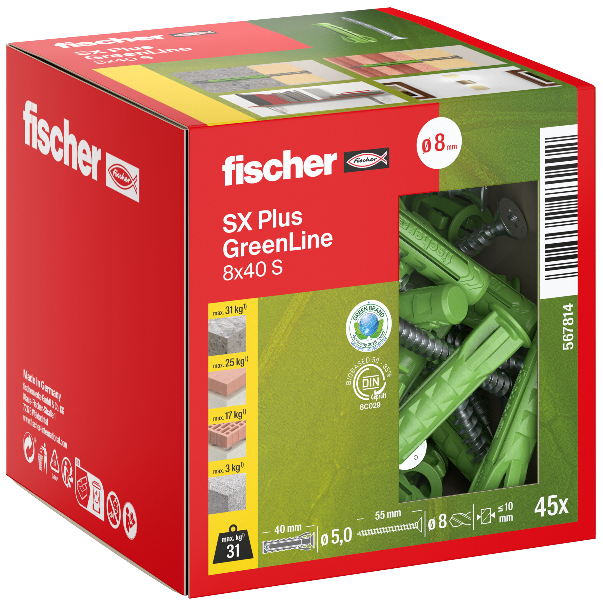 Packaging: "fischer expansion plug SX Plus GreenLine 8 x 40 S with screw"