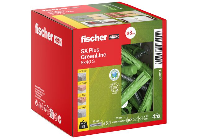 Packaging: "fischer Ekspansionsplug SX Plus GreenLine 8 x 40 S med skrue"