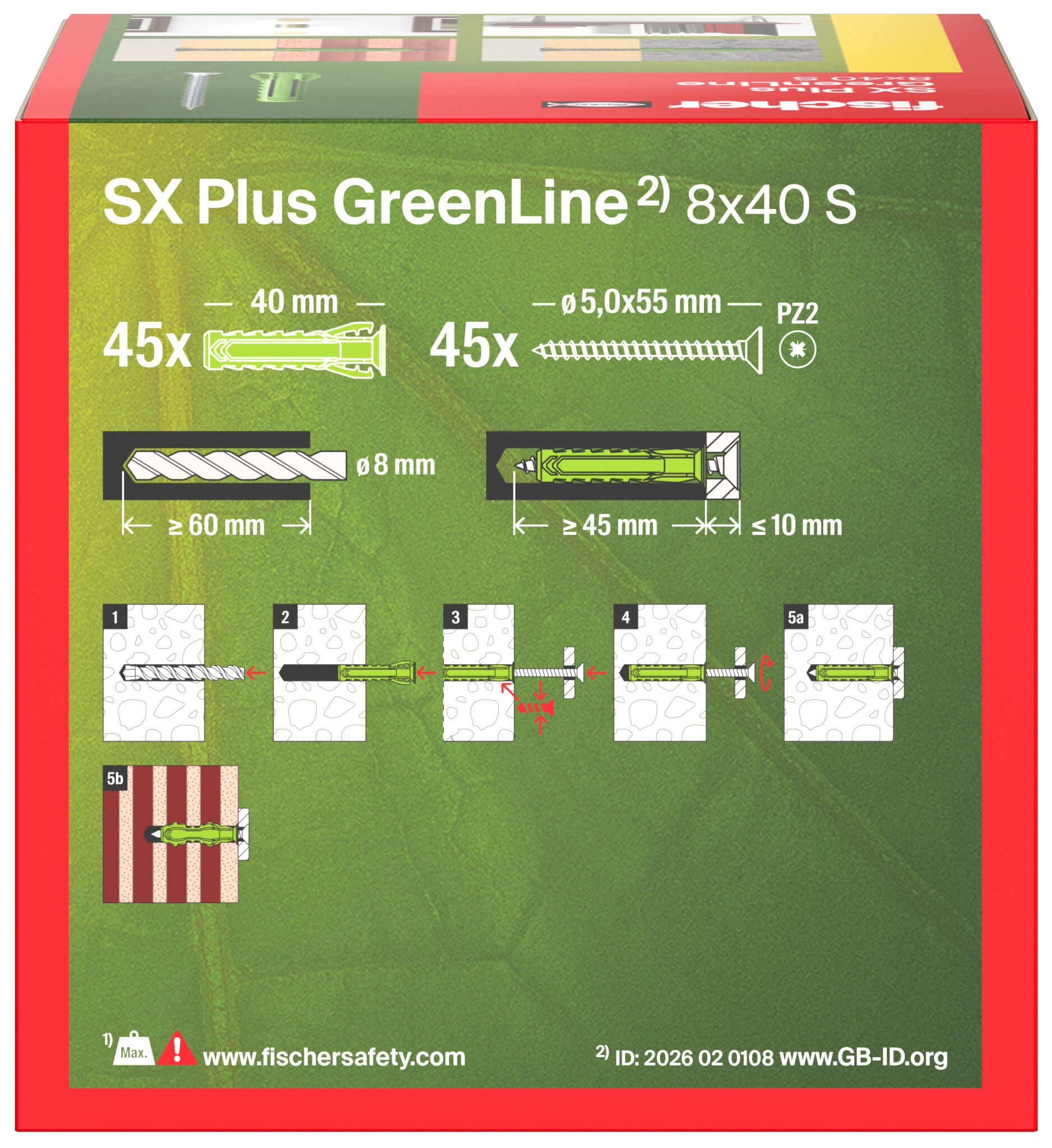 Packaging: "fischer expansion plug SX Plus GreenLine 8 x 40 S with screw"