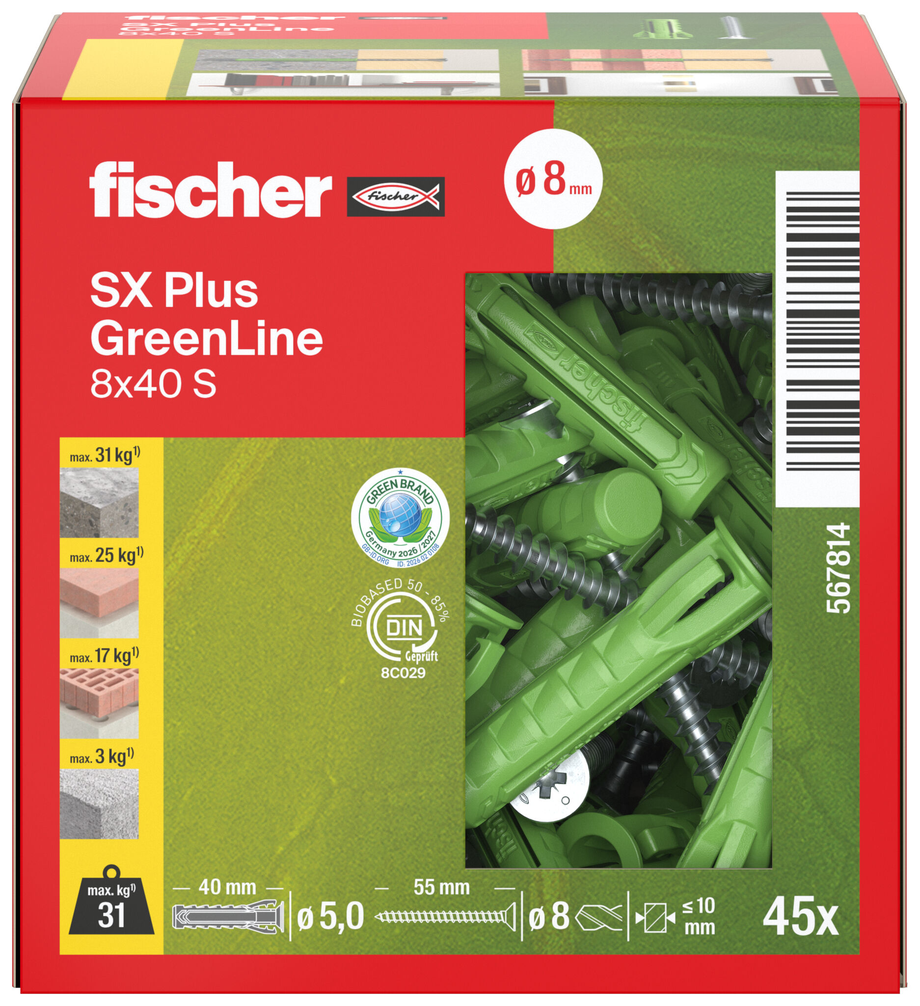 Packaging: "fischer expansion plug SX Plus GreenLine 8 x 40 S with screw"