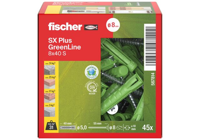 Packaging: "fischer Ekspansionsplug SX Plus GreenLine 8 x 40 S med skrue"