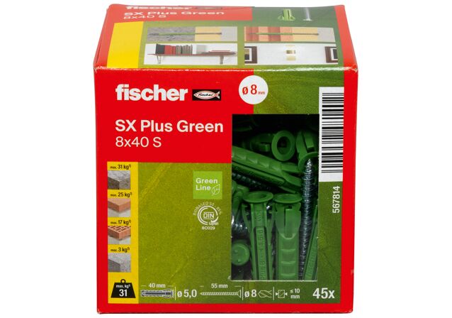 Packaging: "fischer Expansionsplugg SX Plus Green 8 x 40 S with screw"