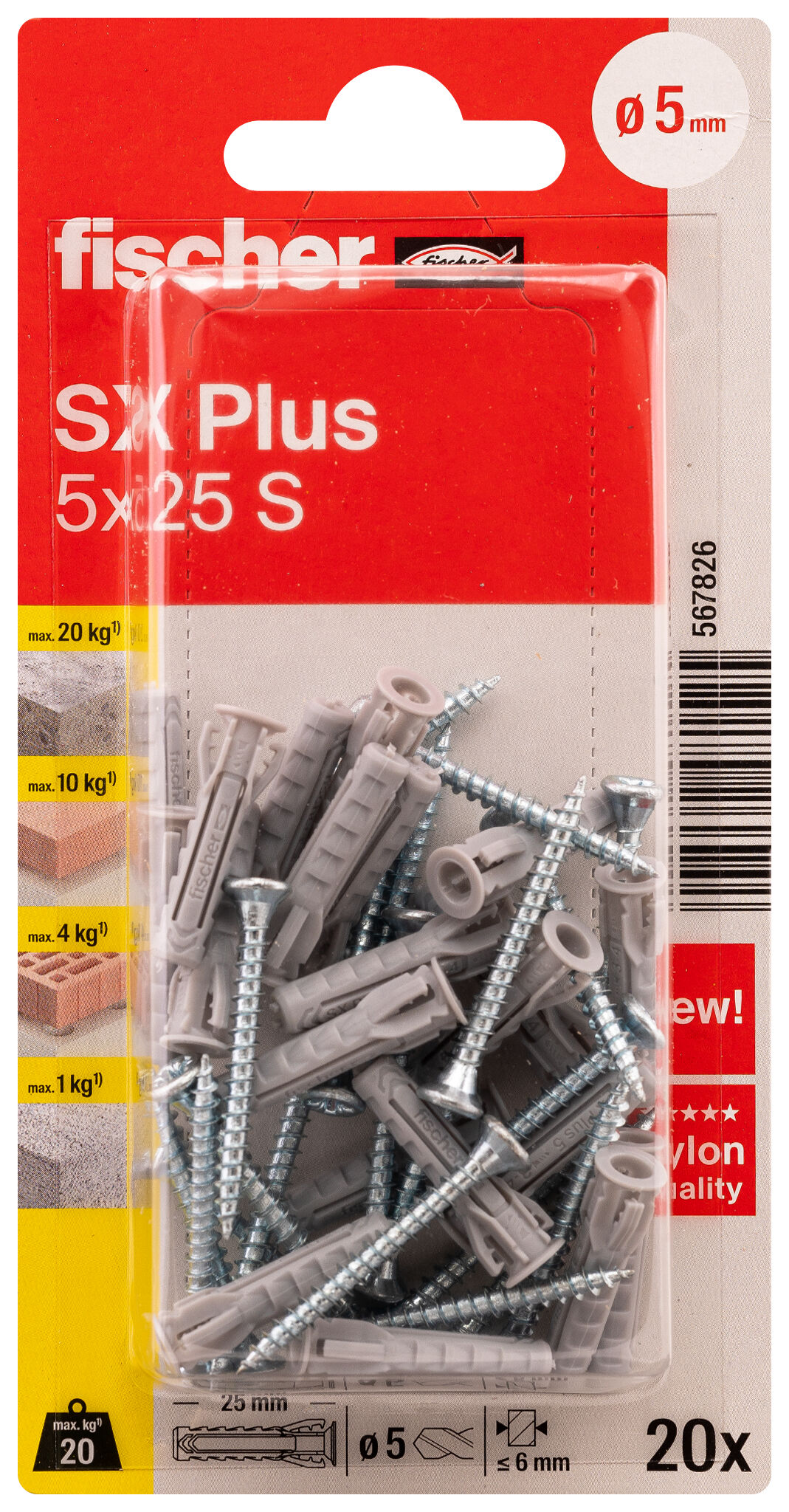 Verpackung: "fischer Spreizdübel SX Plus 5 x 25 S mit Schraube"