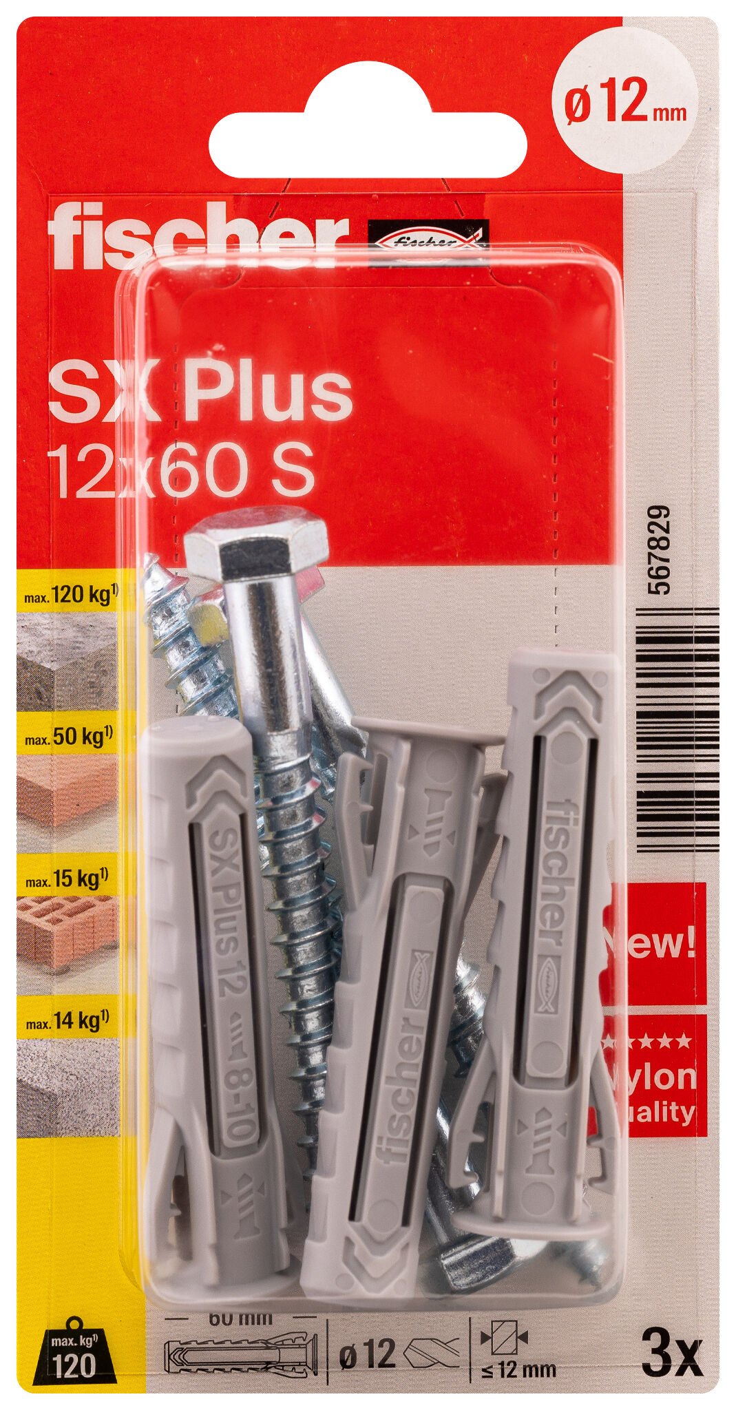 Verpackung: "fischer Spreizdübel SX Plus 12 x 60 S mit Schraube"