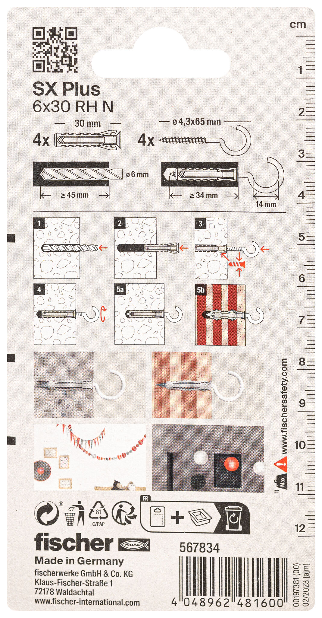 Verpackung: "fischer Spreizdübel SX Plus 6 x 30 RH mit Rundhaken"