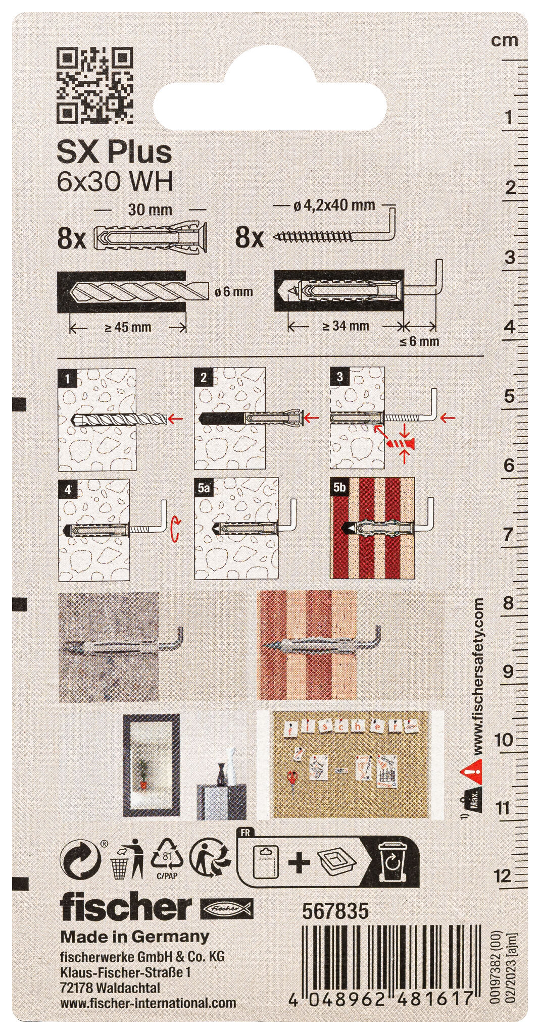 Verpackung: "fischer Spreizdübel SX Plus 6 x 30 WH mit Winkelhaken"