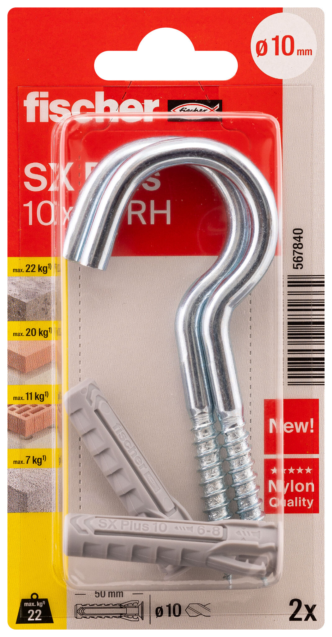 Verpackung: "fischer Spreizdübel SX Plus 10 x 50 RH mit Rundhaken, nylonbeschichtet"
