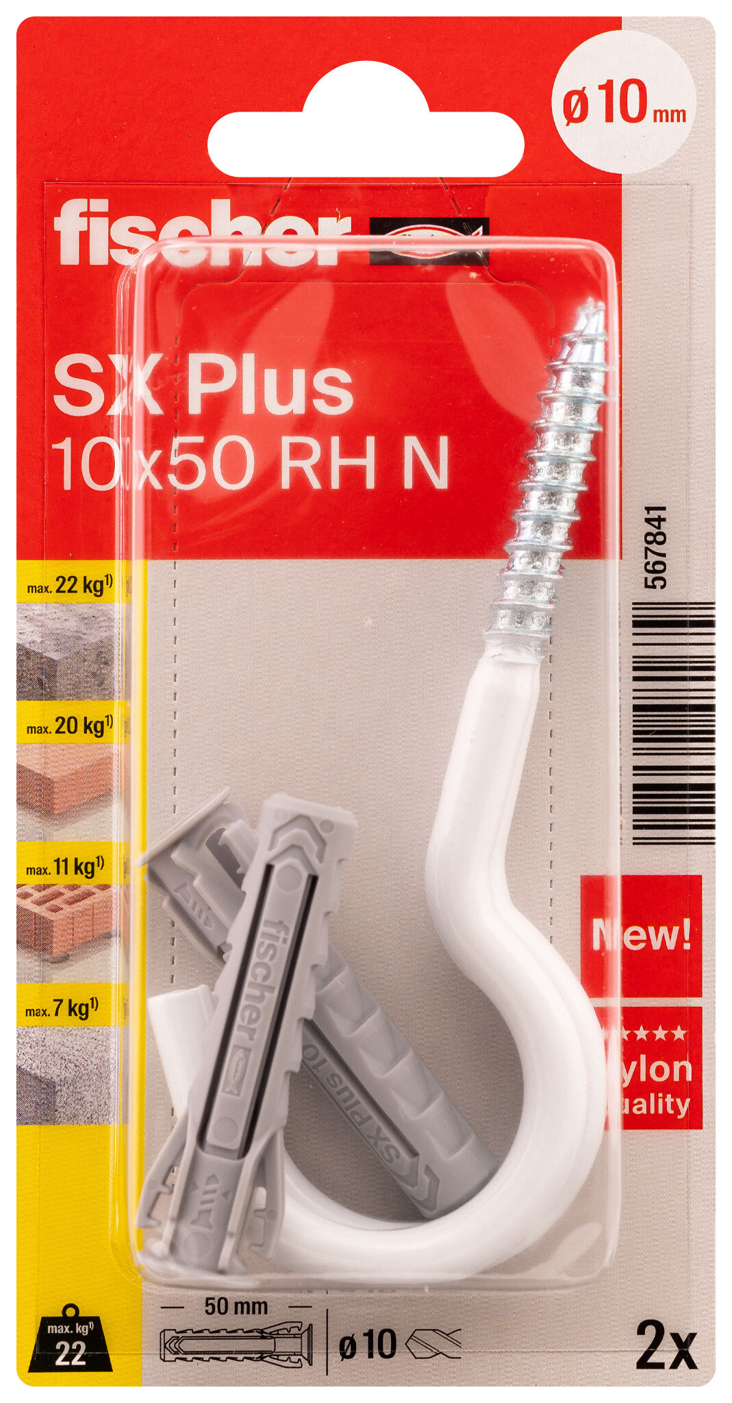 Verpackung: "fischer Spreizdübel SX Plus 10 x 50 RH mit Rundhaken, nylonbeschichtet"