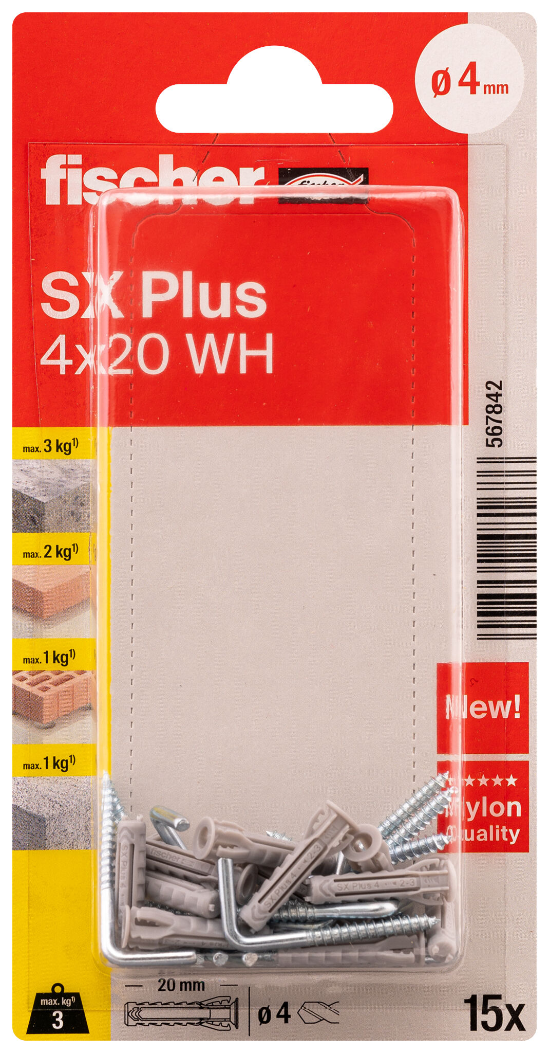 Packaging: "fischer Genişletme tapası SX Plus 4 x 20 WH K açı kancalı"