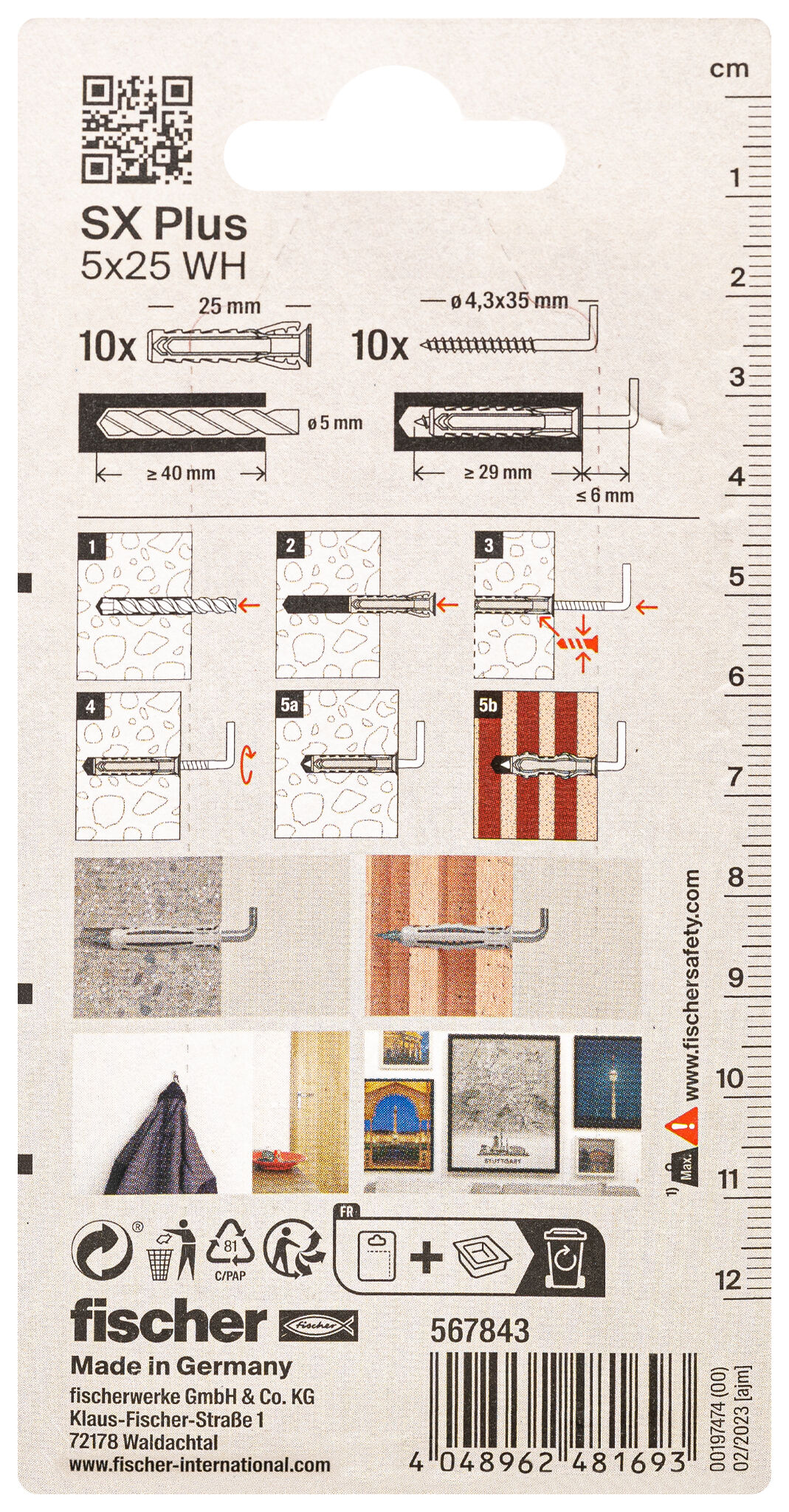 Packaging: "fischer Expansion plug SX Plus 5 x 25 WH with angle hook"