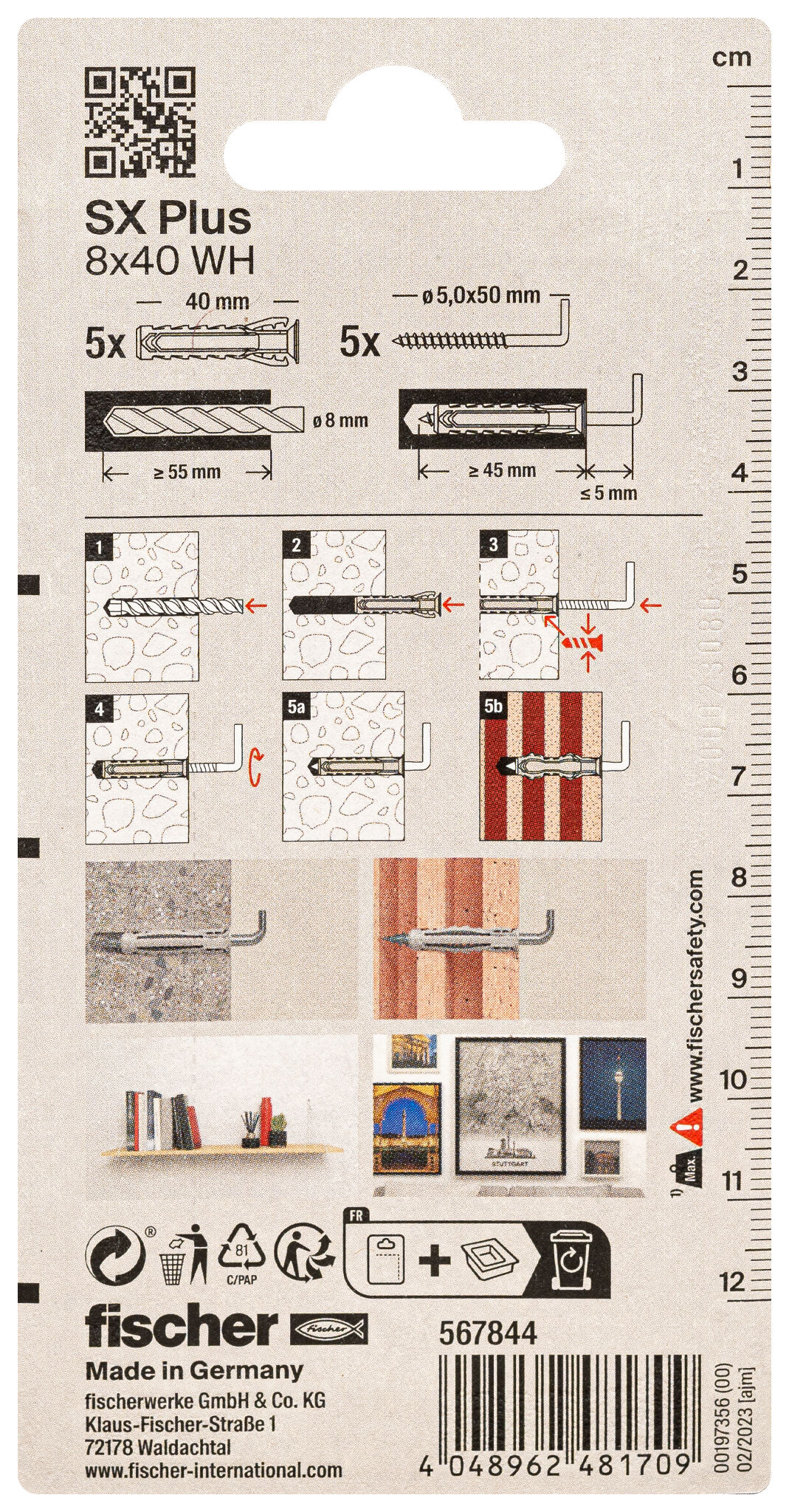 Packaging: "fischer Expansion plug SX Plus 8 x 40 WH with angle hook"