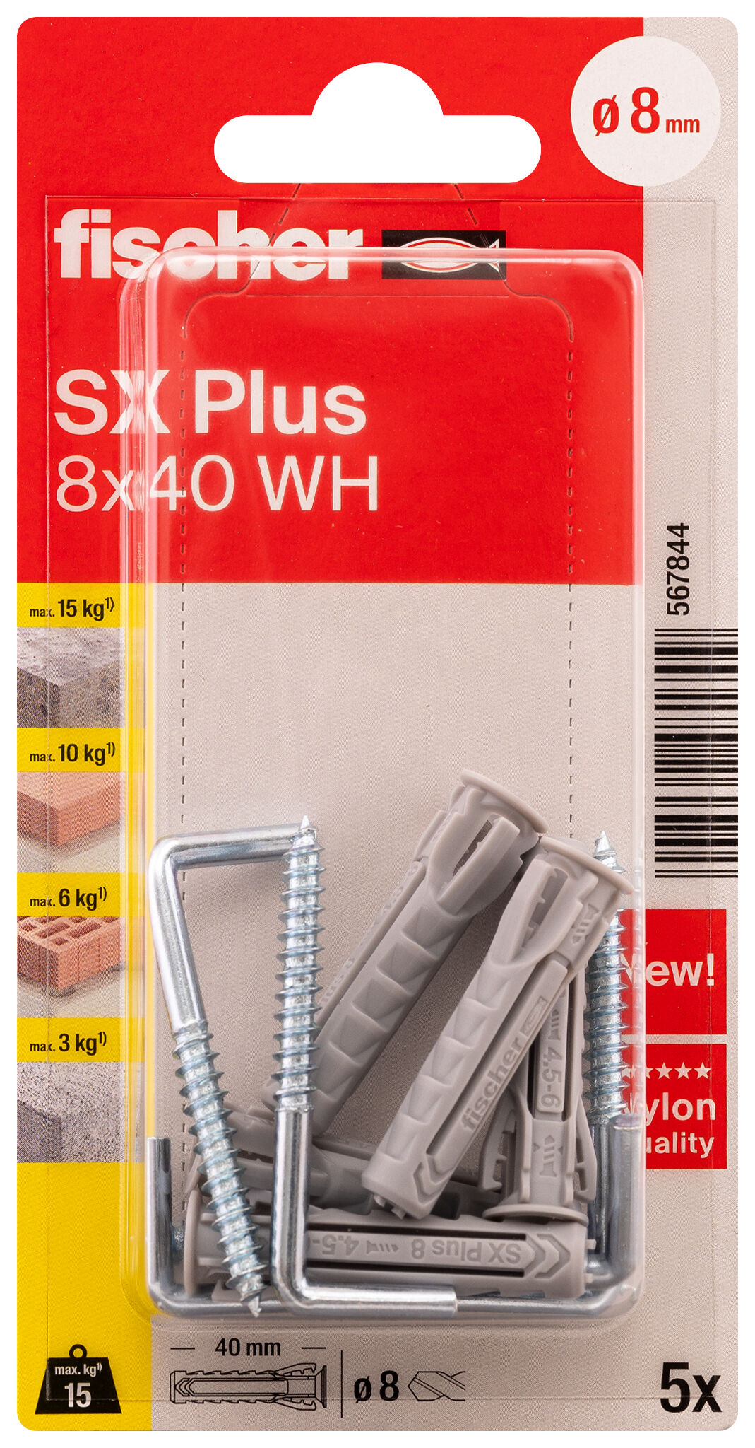 Packaging: "fischer Expansion plug SX Plus 8 x 40 WH with angle hook"