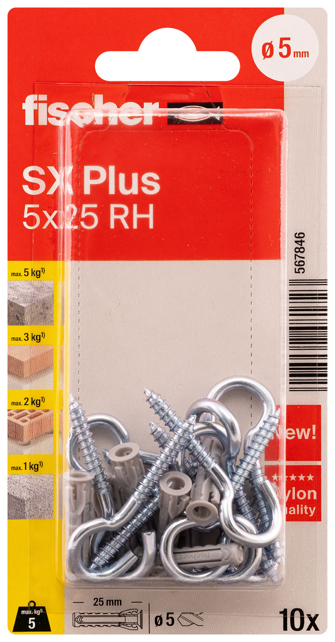 Packaging: "fischer Expansion plug SX Plus 5 x 25 RH with round hook"