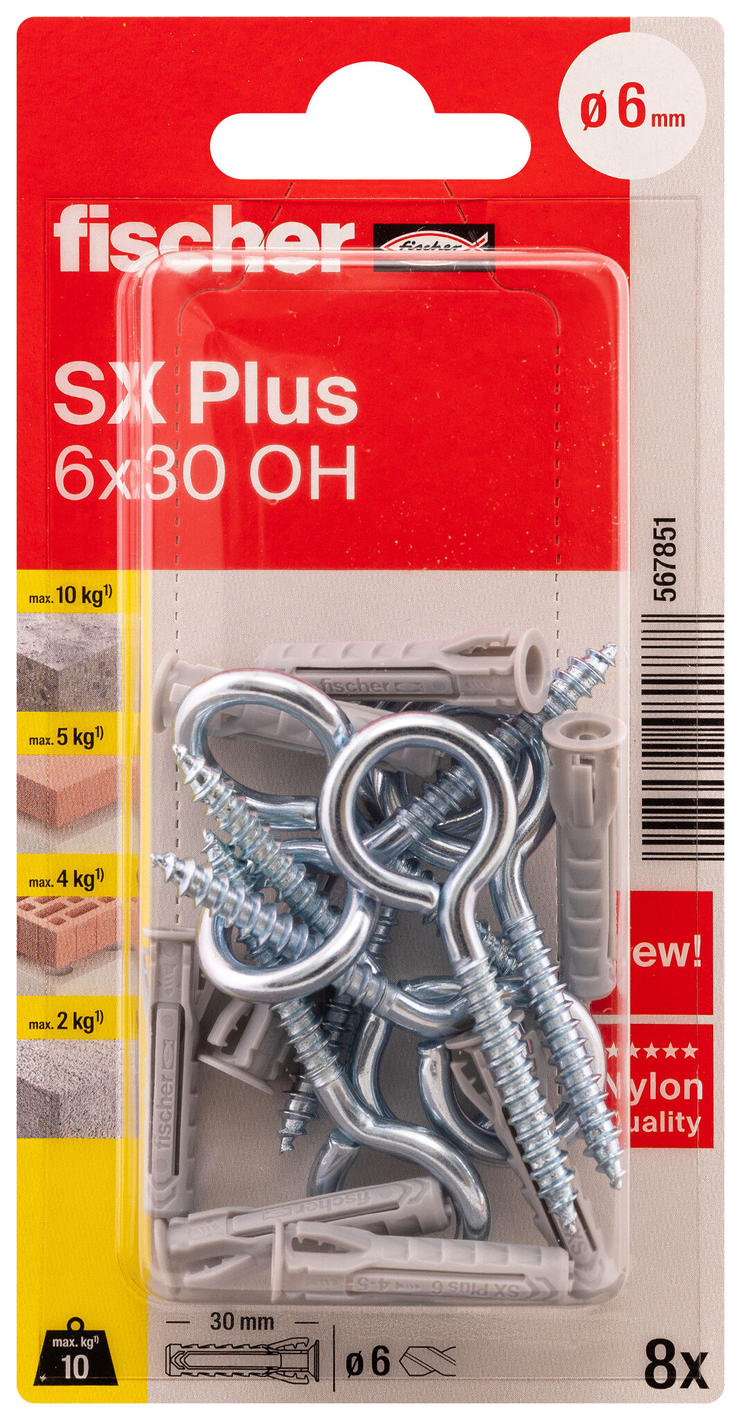 Packaging: "fischer Expansion plug SX Plus 6 x 30 OH with eye hook"