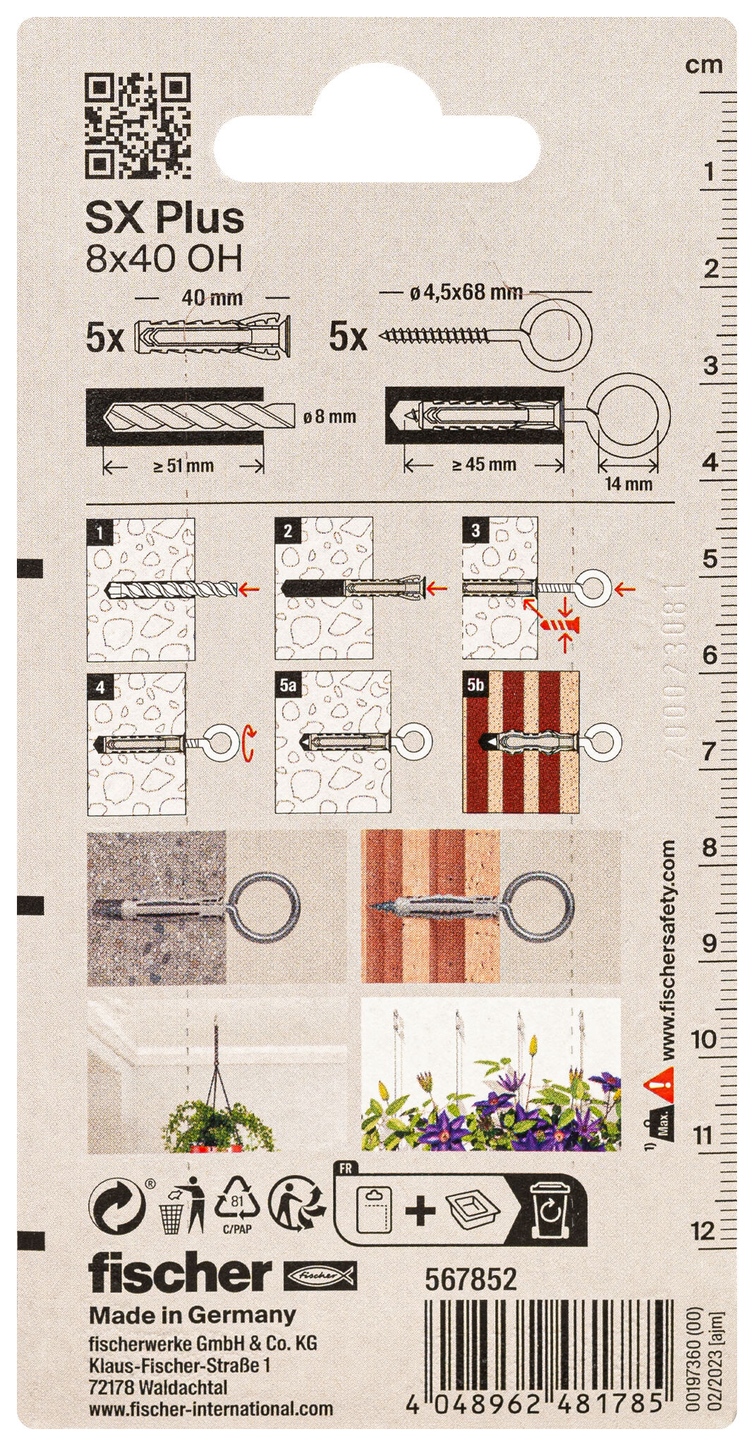 Packaging: "fischer Expansion plug SX Plus 8 x 40 OH with eye hook"