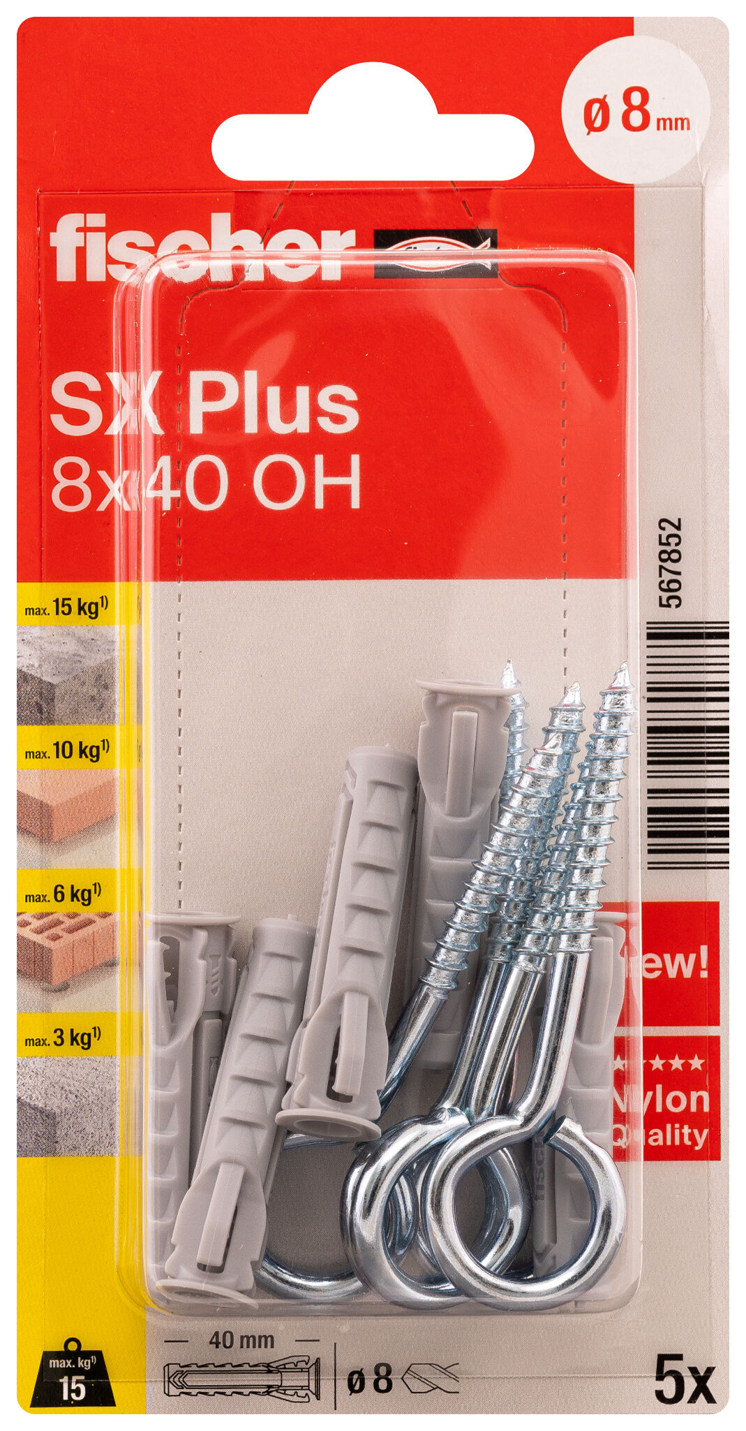 Packaging: "fischer Expansion plug SX Plus 8 x 40 OH with eye hook"