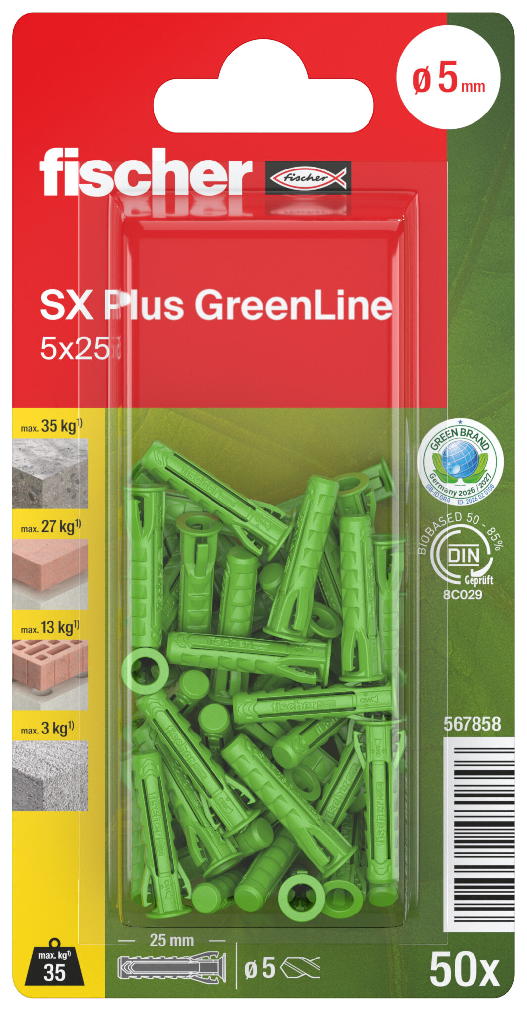 Packaging: "fischer dübel SX Plus Green 5 x 25"