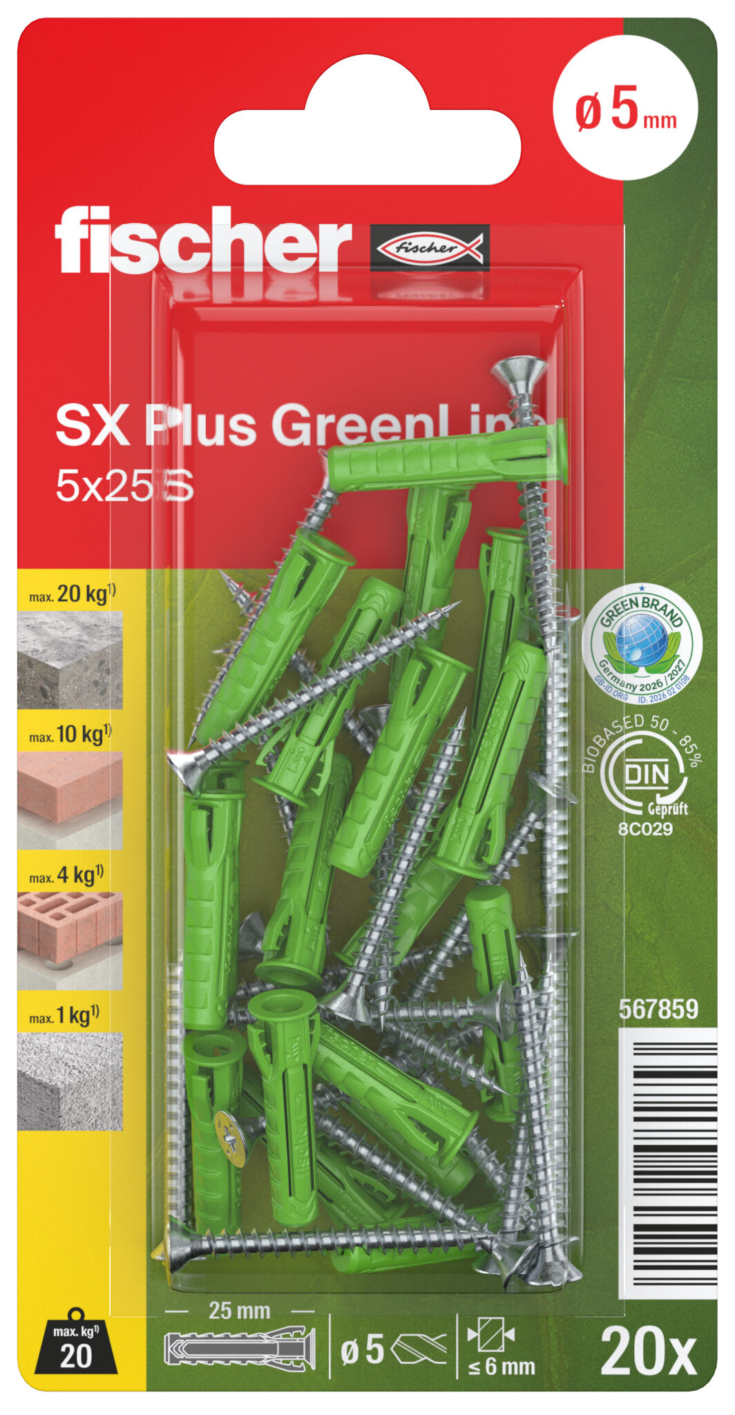 Packaging: "fischer Expansionsplugg SX Plus Green 5 x 25"