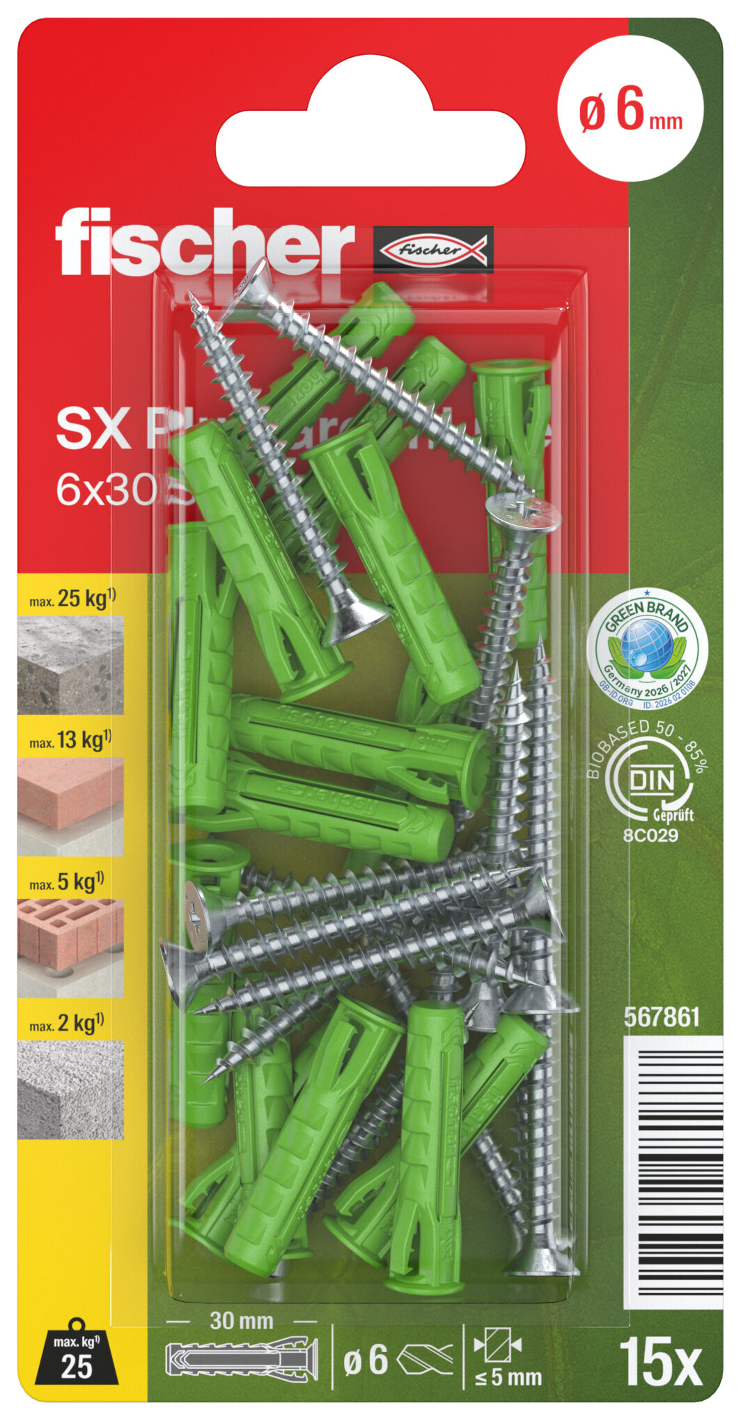 Packaging: "fischer Nylonplugg SX Plus GreenLine 6 x 30 S med skrue"