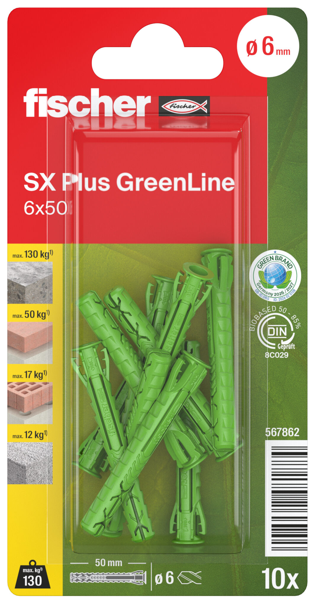 Verpackung: "fischer Spreizdübel SX Plus GreenLine 6 x 50"