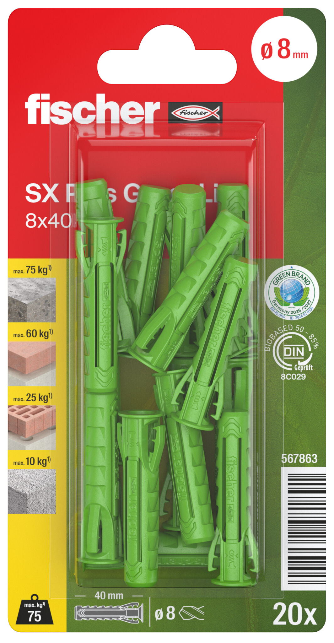 Verpackung: "fischer Spreizdübel SX Plus GreenLine 8 x 40"