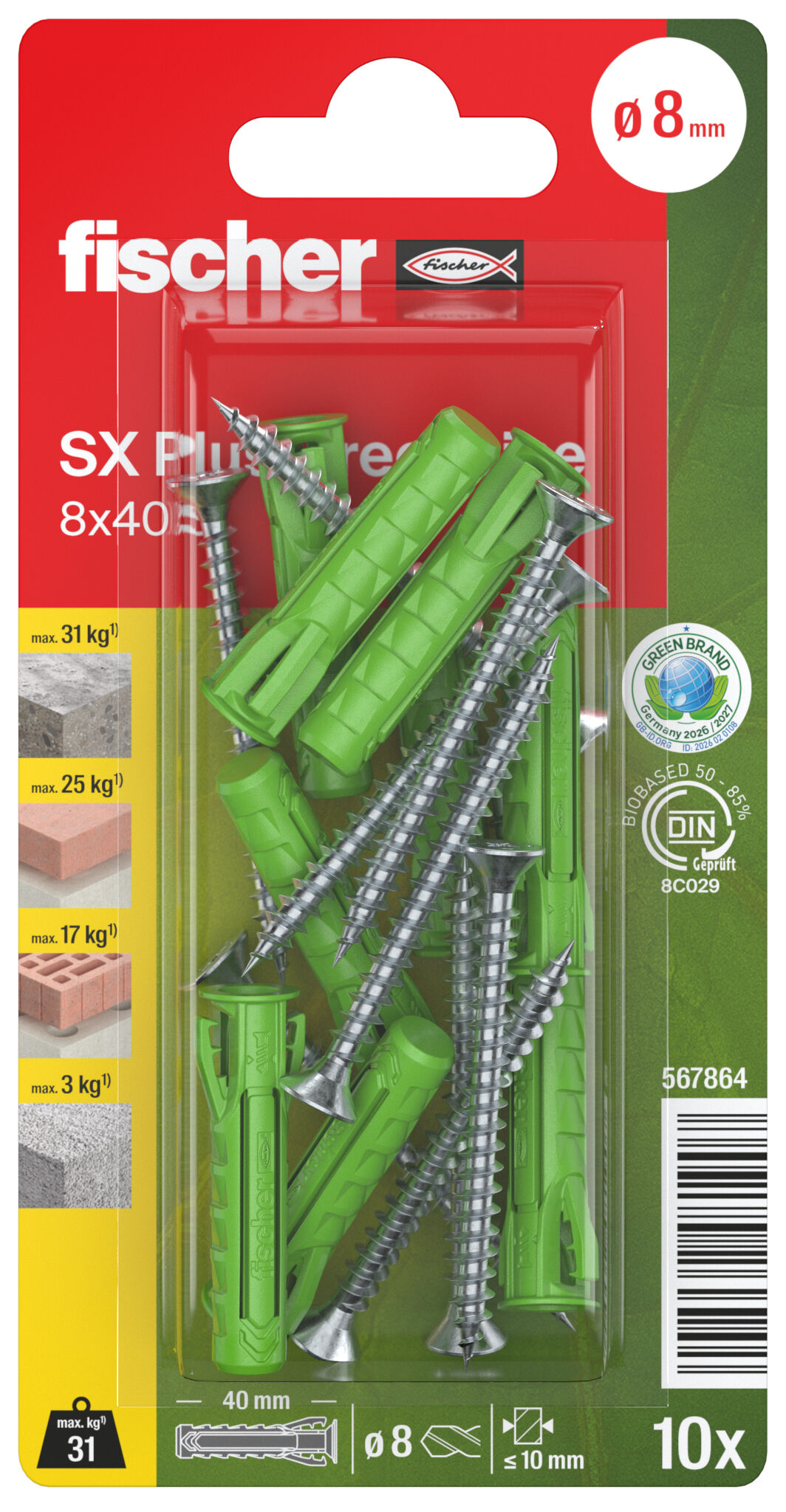 Verpackung: "fischer Spreizdübel SX Plus GreenLine 8 x 40 S mit Schraube"