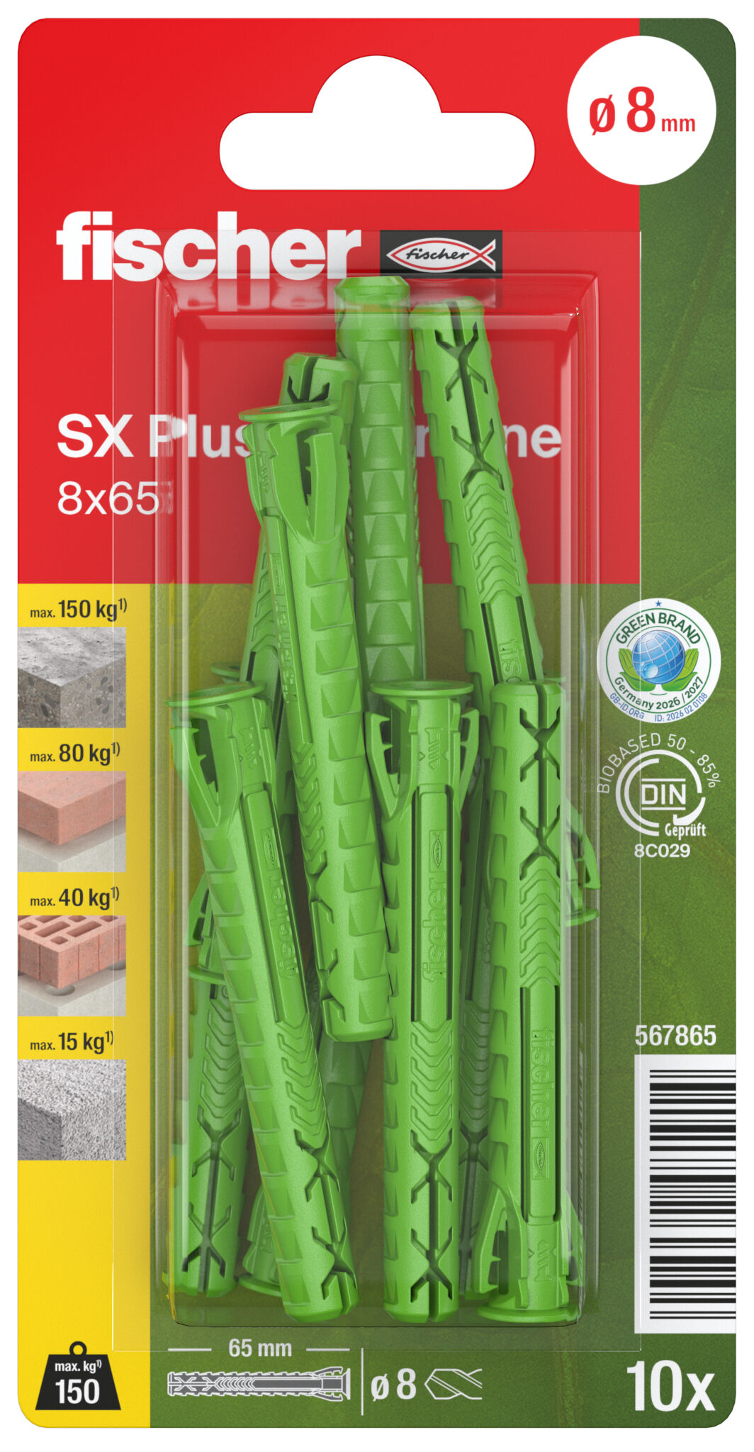 Verpackung: "fischer Spreizdübel SX Plus GreenLine 8 x 65"