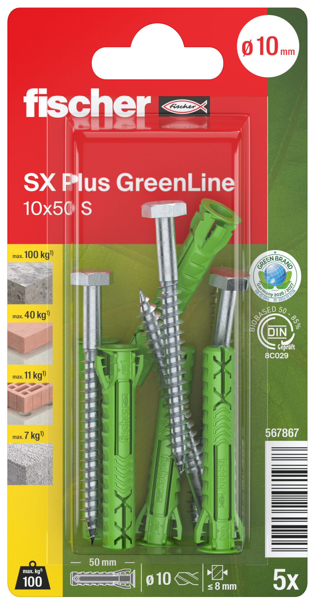 Packaging: "fischer Nylonplugg SX Plus GreenLine 10 x 50 med skrue"