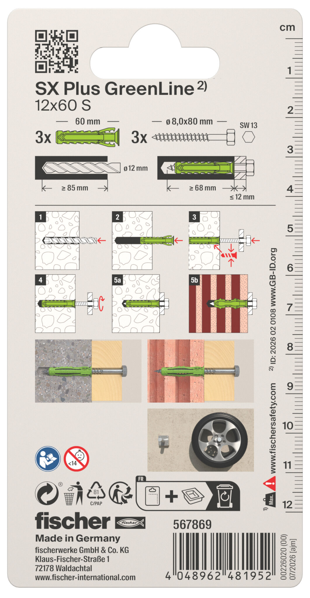 Packaging: "fischer expansion plug SX Plus GreenLine 12 x 60 S with screw"