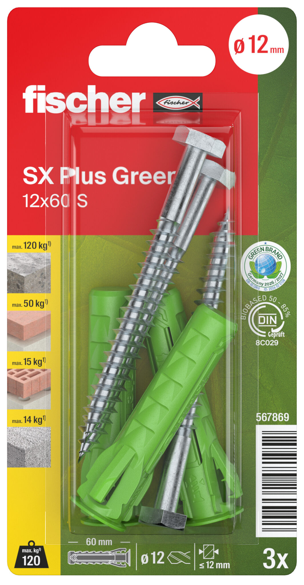 Packaging: "fischer expansion plug SX Plus GreenLine 12 x 60 S with screw"