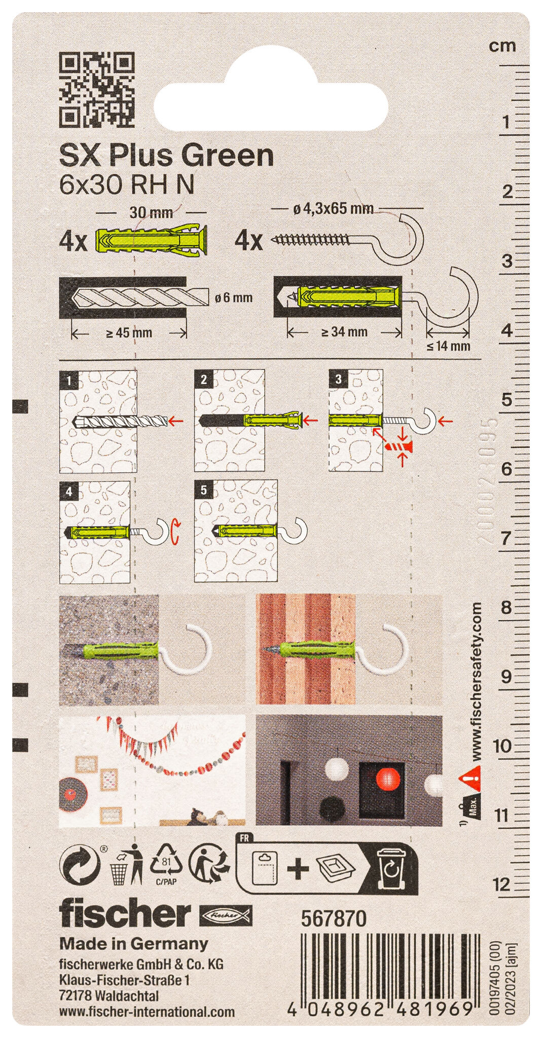Verpackung: "fischer Spreizdübel SX Plus Green 6 x 30 RH mit Rundhaken"