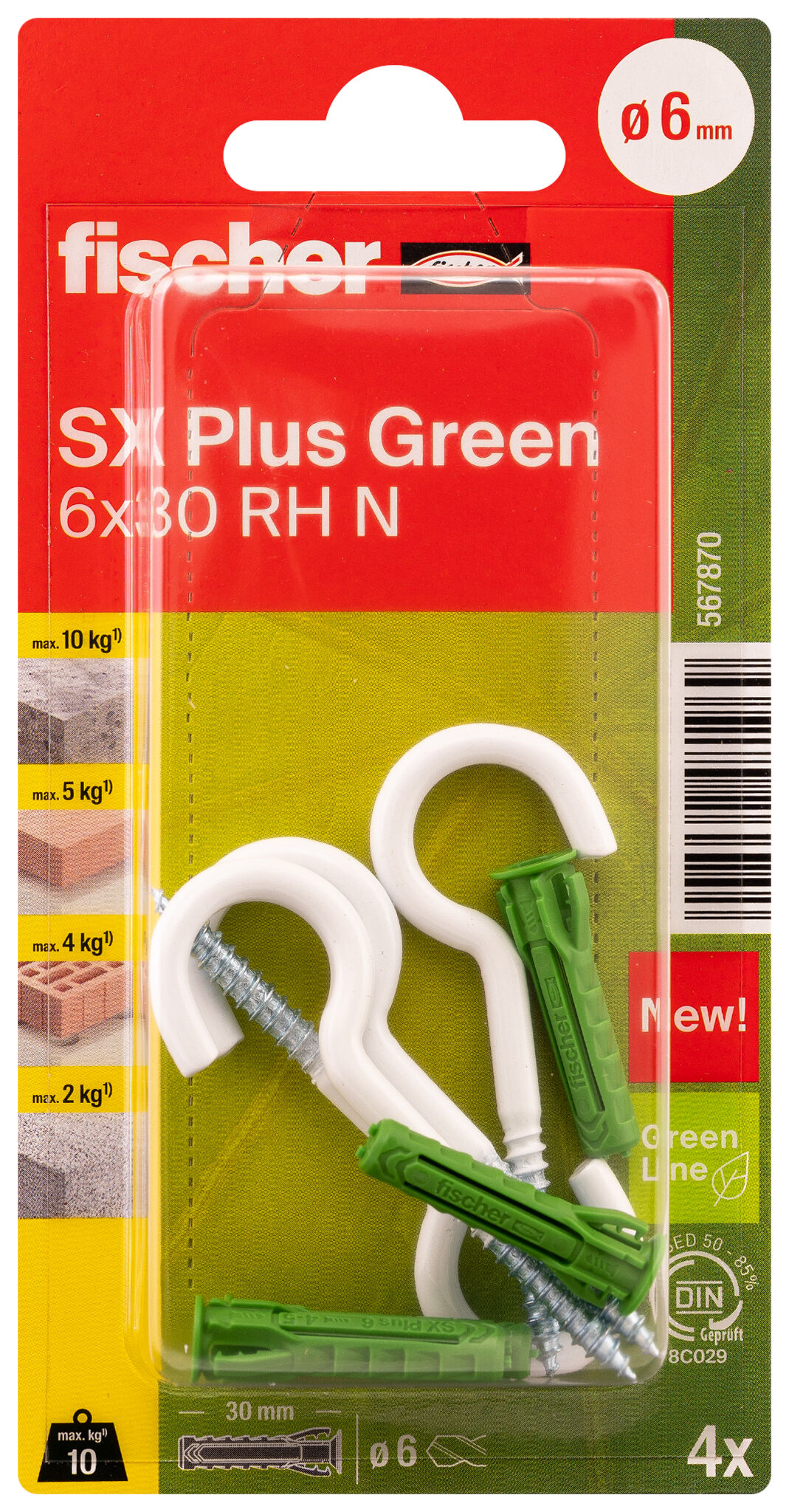 Verpackung: "fischer Spreizdübel SX Plus Green 6 x 30 RH mit Rundhaken"